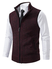Men's Stand Collar Knitted Vest Jacket – wine red front view