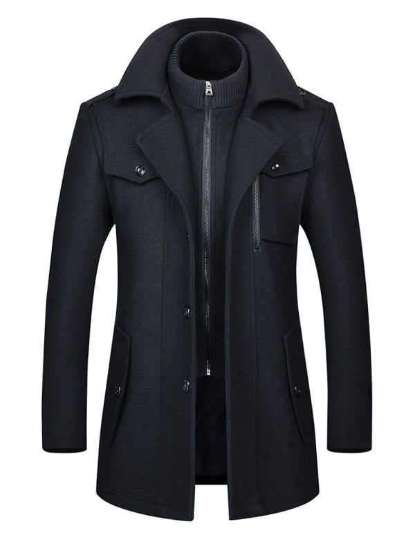 Manteau d'automne-hiver en laine pour homme, à double col et fermeture éclair. 
