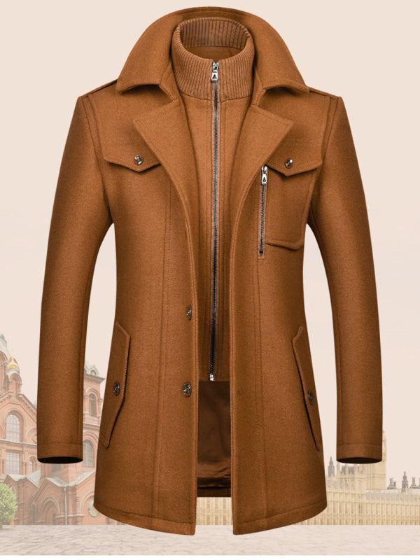 Manteau d'automne-hiver en laine pour homme, à double col et fermeture éclair. 