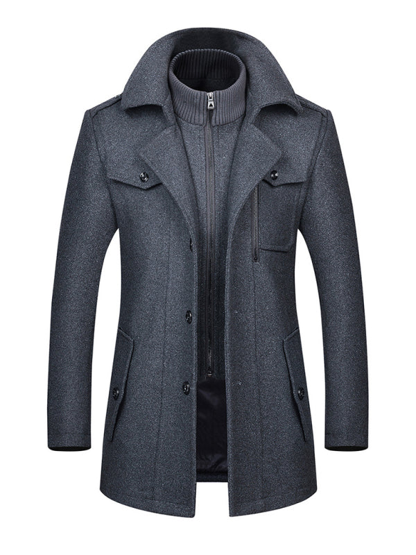 Manteau d'automne-hiver en laine pour homme, à double col et fermeture éclair. 