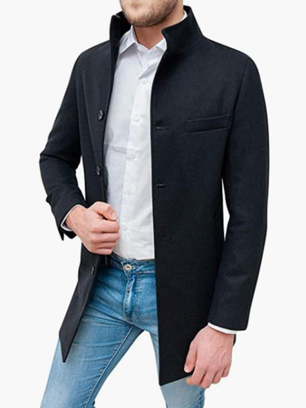 Men's slim woolen coat with stand collar – detail view