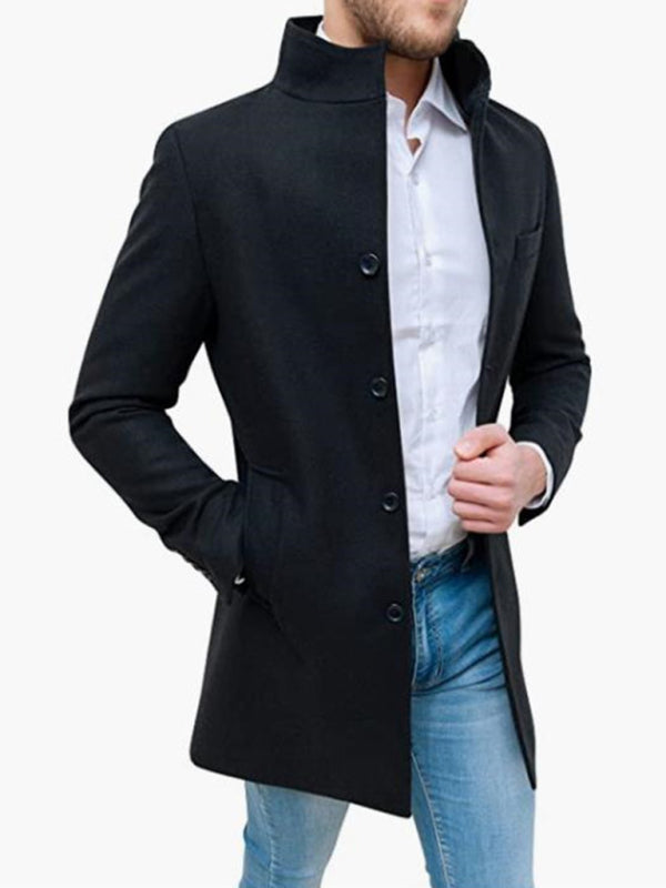 Men's slim woolen coat with stand collar – detail view