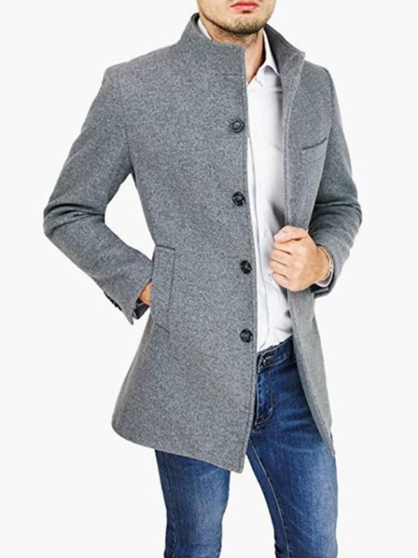 Men's slim woolen coat with stand collar – detail view