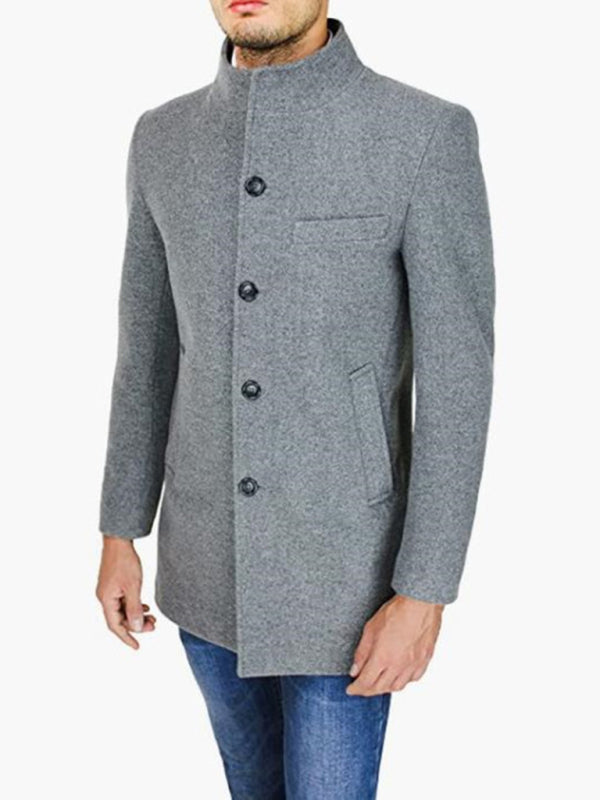 Men's slim woolen coat with stand collar – closeup view