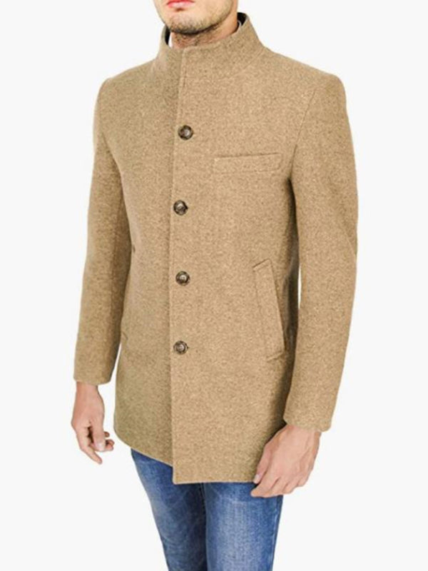 Men's Slim Woolen Pea Coat - Stand Collar Detail