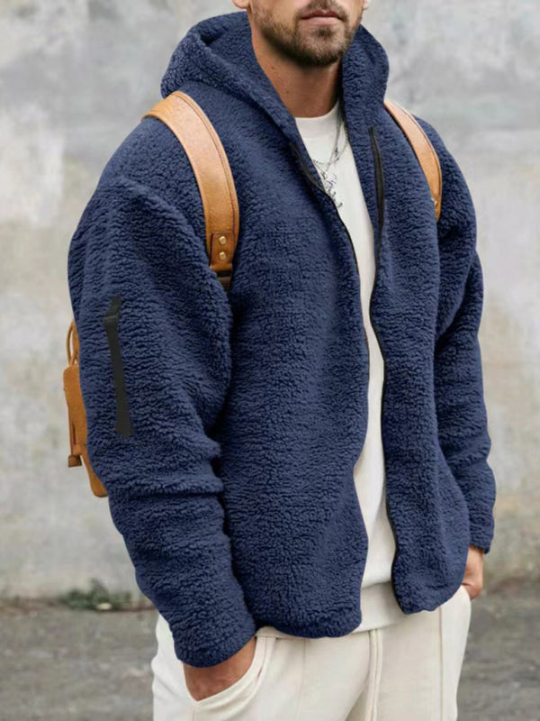 Men's warm jacket, loose hooded casual jacket – closeup view