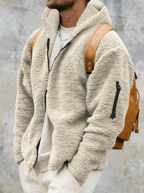 Men's beige fleece jacket with hood – front view
