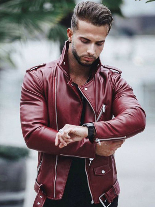 Veste de motard élégante en cuir à fermeture éclair pour homme 