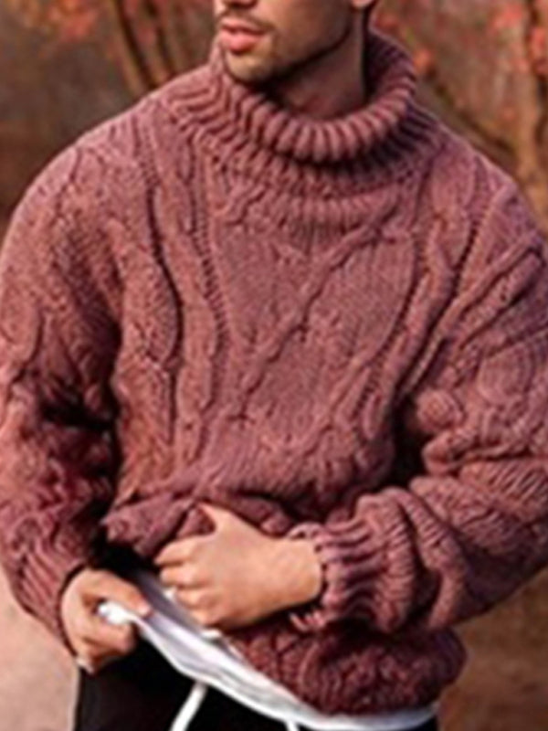 Pull à col roulé torsadé décontracté pour homme, couleur unie 