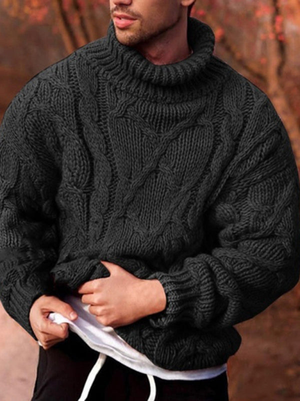 Pull à col roulé torsadé décontracté pour homme, couleur unie 