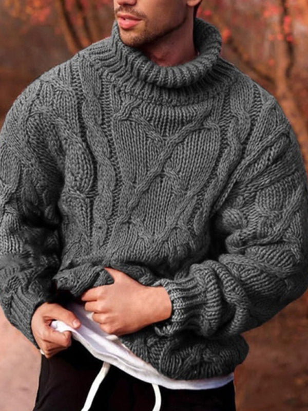 Pull à col roulé torsadé décontracté pour homme, couleur unie 