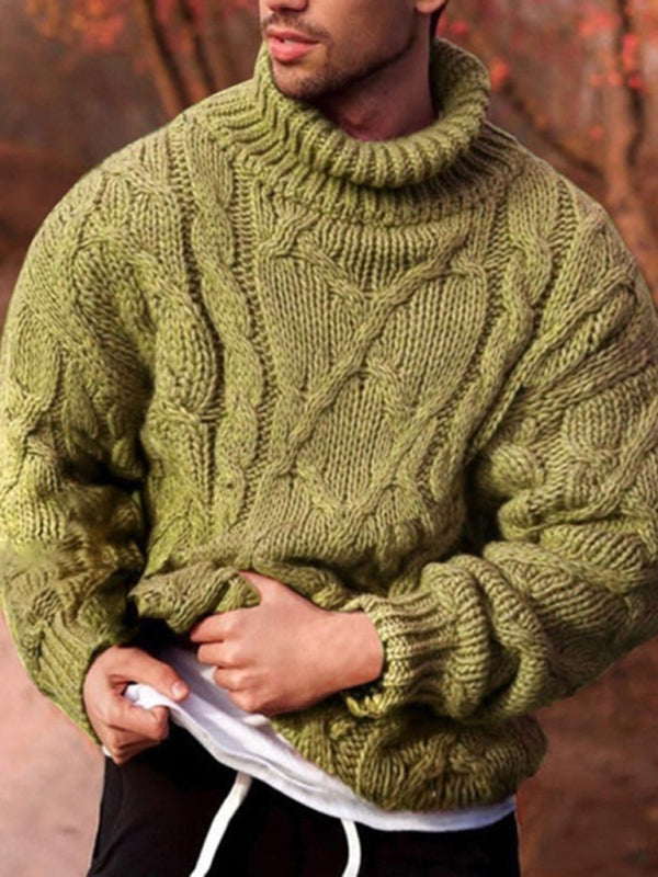Pull à col roulé torsadé décontracté pour homme, couleur unie 
