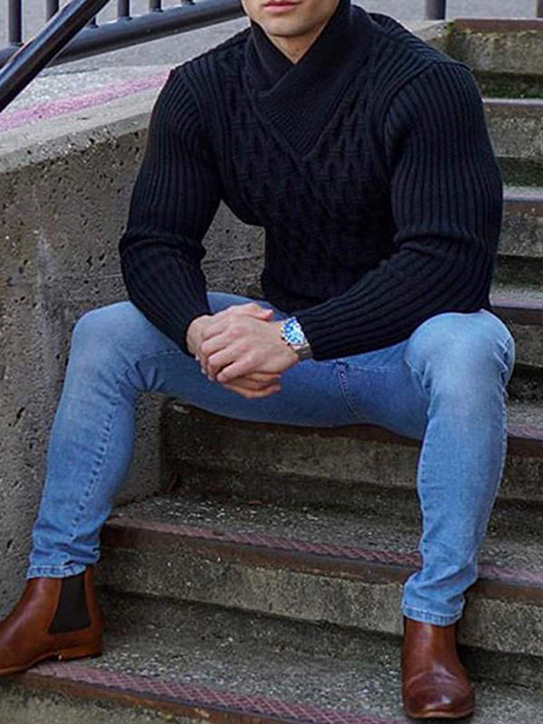 Herren-Strickpullover mit Zopfmuster und Schalkragen 