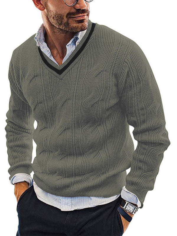 Pull en maille à manches longues et col en V pour homme, coupe ajustée. 