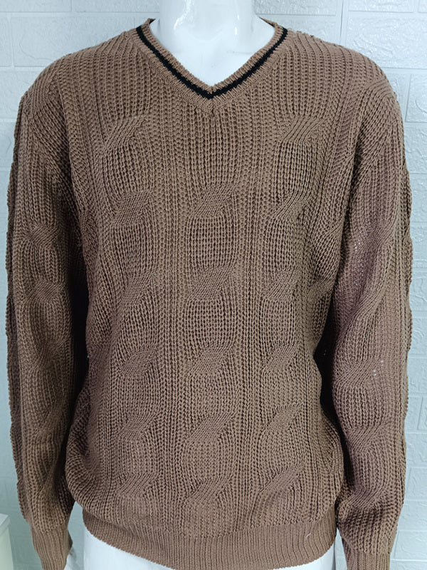 Pull en maille à manches longues et col en V pour homme, coupe ajustée. 