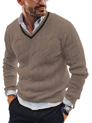 Pull en maille à manches longues et col en V pour homme, coupe ajustée. 