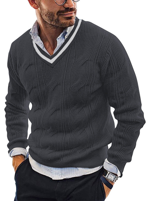 Pull en maille à manches longues et col en V pour homme, coupe ajustée. 