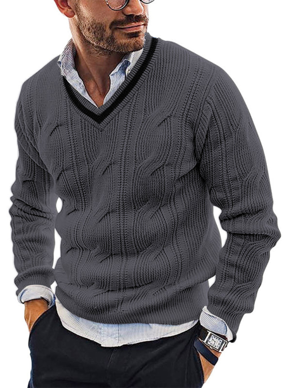 Pull en maille à manches longues et col en V pour homme, coupe ajustée. 
