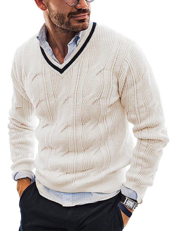 Pull en maille à manches longues et col en V pour homme, coupe ajustée. 