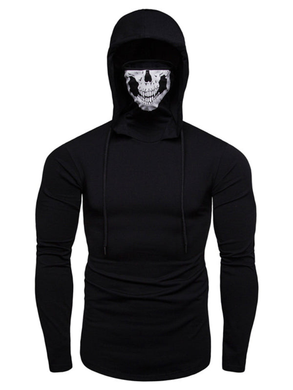 Neues Herren-Fitness-Rad-Shirt mit elastischer Maske und Totenkopf-Print, Kapuzenpullover und langen Ärmeln 