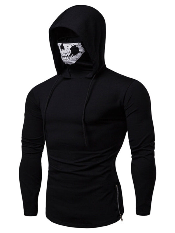 Neues Herren-Fitness-Rad-Shirt mit elastischer Maske und Totenkopf-Print, Kapuzenpullover und langen Ärmeln 
