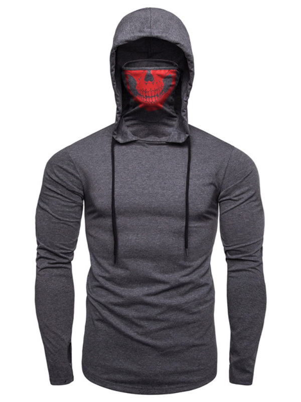 Neues Herren-Fitness-Rad-Shirt mit elastischer Maske und Totenkopf-Print, Kapuzenpullover und langen Ärmeln 