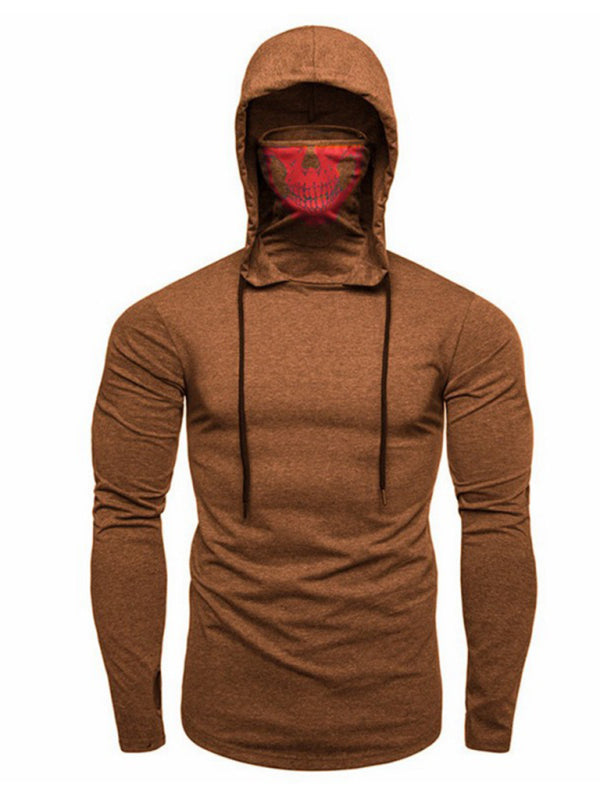 Neues Herren-Fitness-Rad-Shirt mit elastischer Maske und Totenkopf-Print, Kapuzenpullover und langen Ärmeln 
