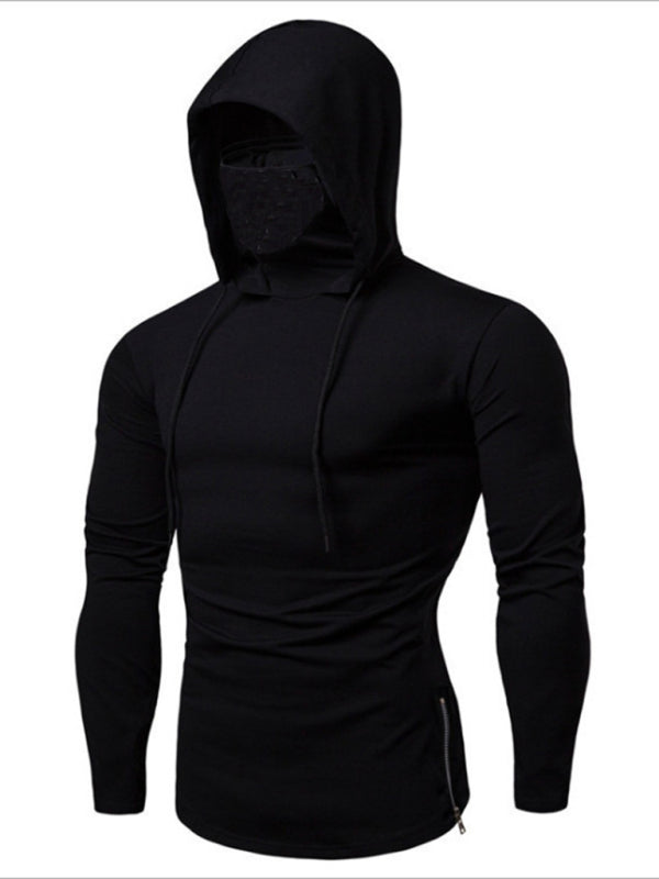 Neues Herren-Fitness-Rad-Shirt mit Kapuze, einfarbig, elastischer Maske und langen Ärmeln 