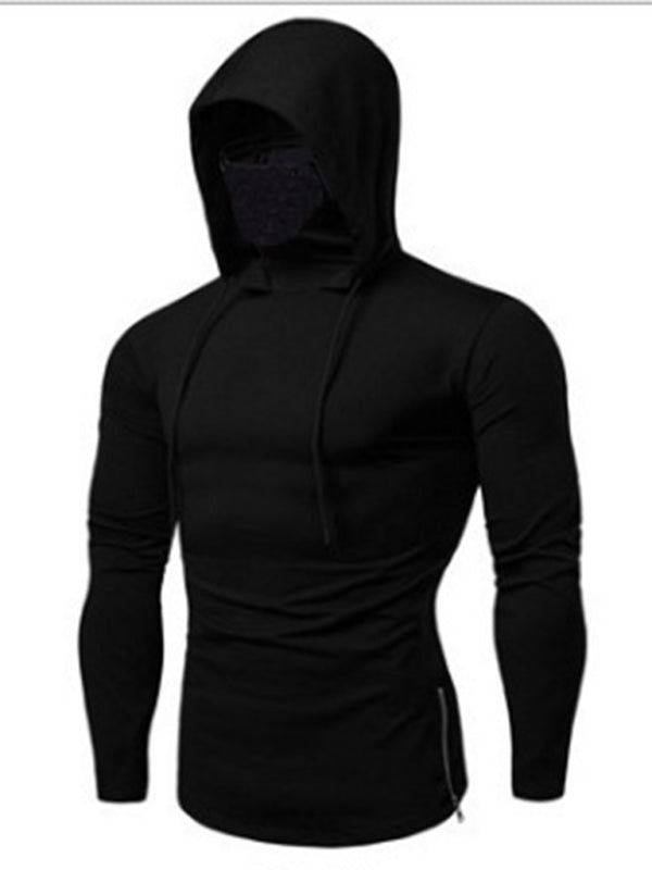 Neues Herren-Fitness-Rad-Shirt mit Kapuze, einfarbig, elastischer Maske und langen Ärmeln 