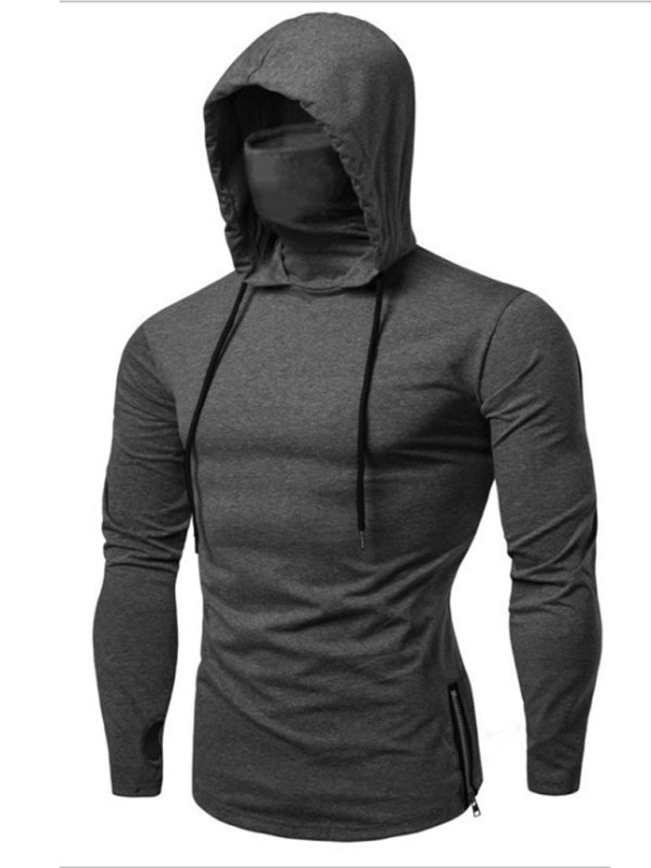 Neues Herren-Fitness-Rad-Shirt mit Kapuze, einfarbig, elastischer Maske und langen Ärmeln 