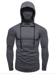 Neues Herren-Fitness-Rad-Shirt mit Kapuze, einfarbig, elastischer Maske und langen Ärmeln 