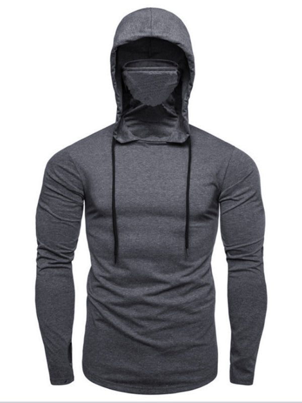 Neues Herren-Fitness-Rad-Shirt mit Kapuze, einfarbig, elastischer Maske und langen Ärmeln 