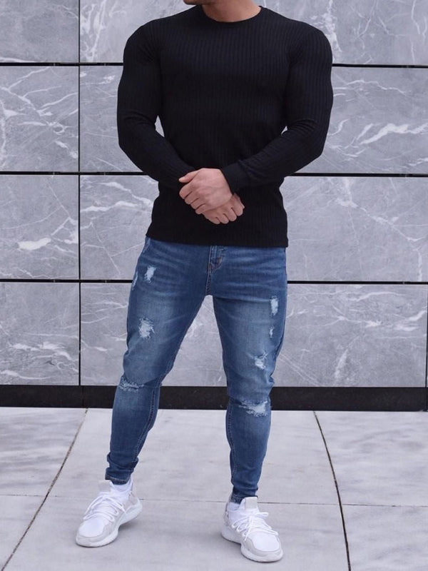 T-shirt de sport décontracté à rayures verticales élastiques, col rond et manches longues 