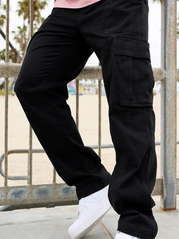 Men's spliced solid color casual sports loose overalls – detail view
