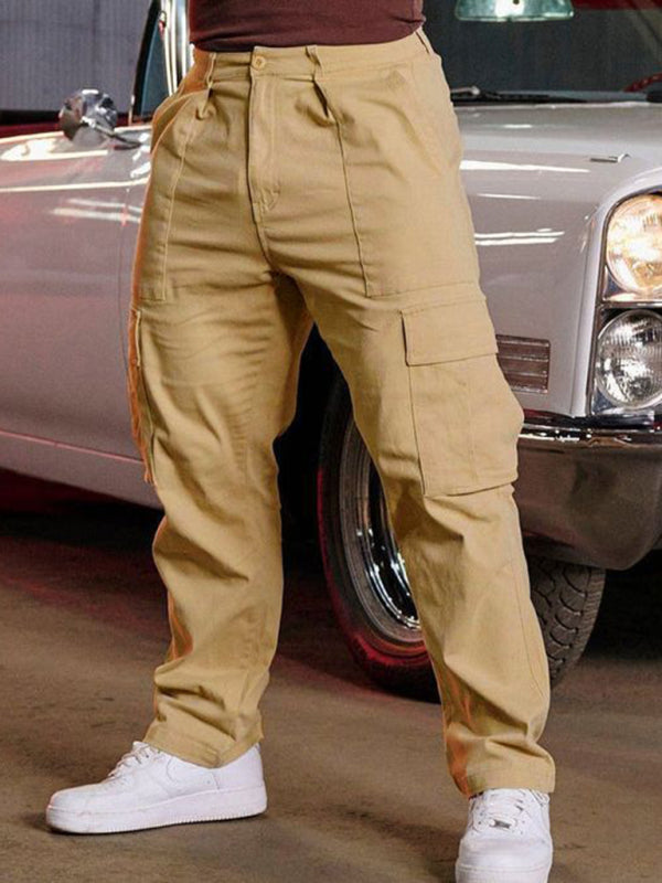 Men's spliced solid color casual sports loose overalls – closeup view