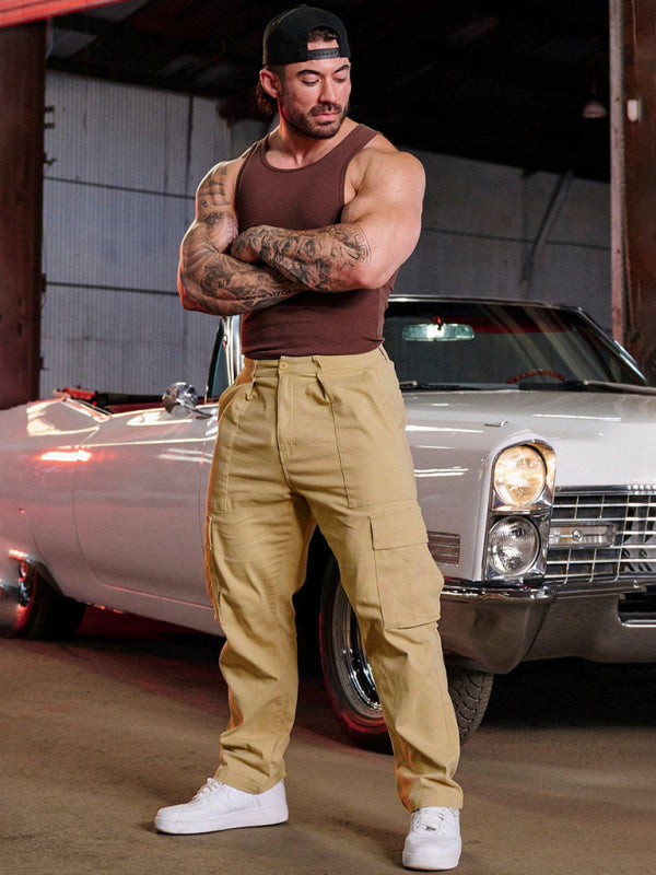 Men's spliced solid color casual sports loose overalls – lifestyle view
