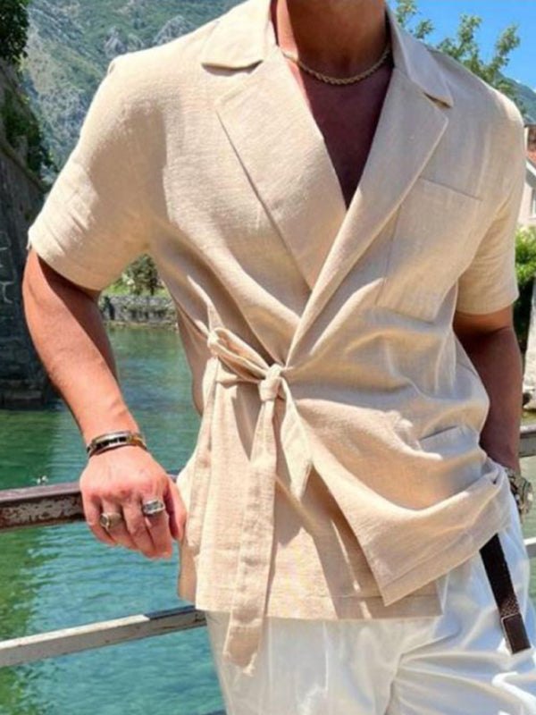 Costume homme uni, chemise à manches courtes en dentelle 