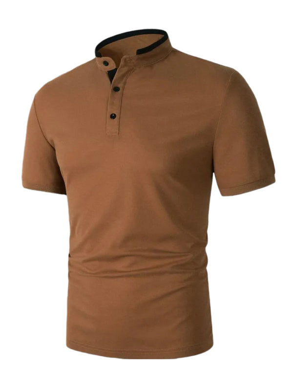 Men's solid color short -sleeved stand -up neck knitted POLO shirt