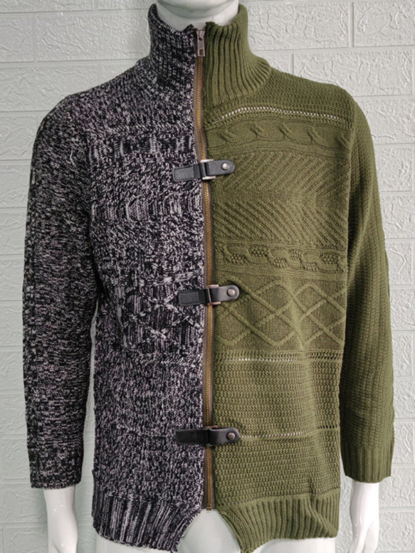 Herren-Strickjacke mit hohem Kragen, farbigem Leder, Schnalle und langen Ärmeln 