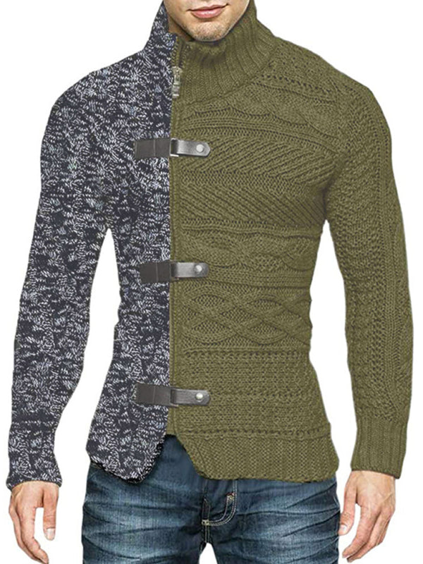Herren-Strickjacke mit hohem Kragen, farbigem Leder, Schnalle und langen Ärmeln 