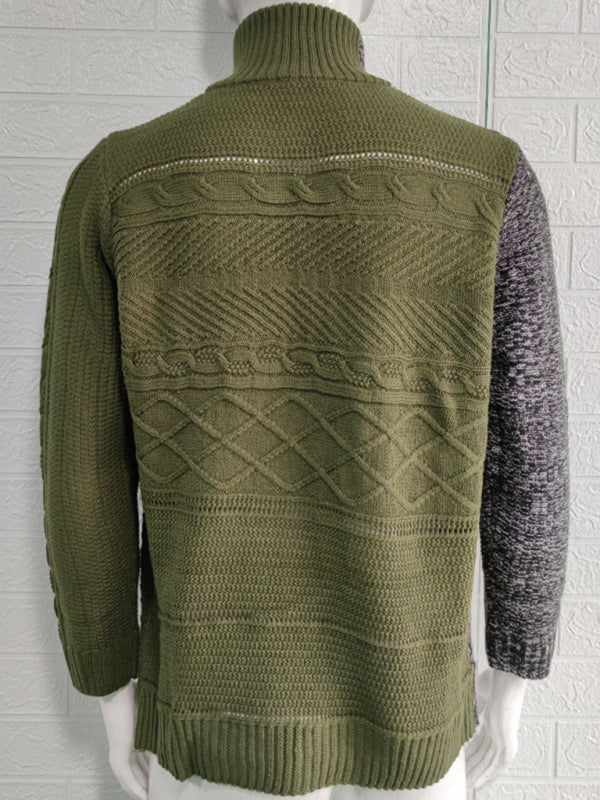 Herren-Strickjacke mit hohem Kragen, farbigem Leder, Schnalle und langen Ärmeln 