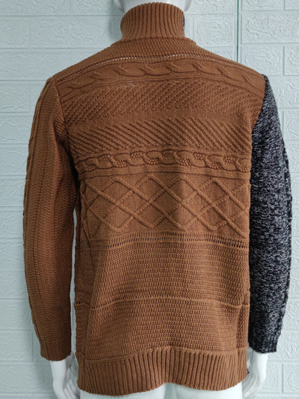 Herren-Strickjacke mit hohem Kragen, farbigem Leder, Schnalle und langen Ärmeln 