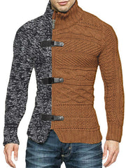 Herren-Strickjacke mit hohem Kragen, farbigem Leder, Schnalle und langen Ärmeln 