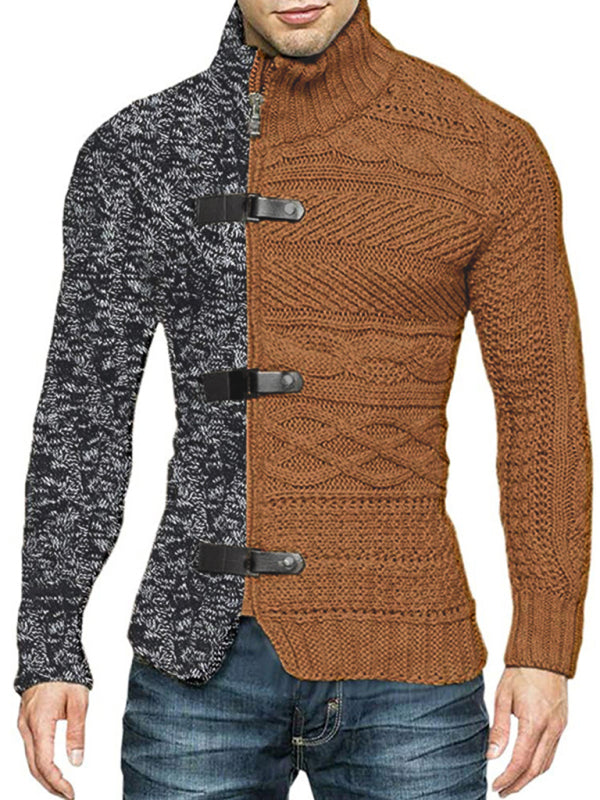 Herren-Strickjacke mit hohem Kragen, farbigem Leder, Schnalle und langen Ärmeln 