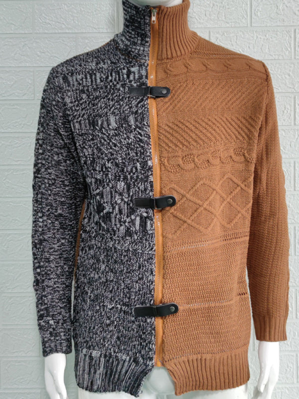 Herren-Strickjacke mit hohem Kragen, farbigem Leder, Schnalle und langen Ärmeln 
