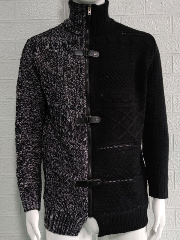 Herren-Strickjacke mit hohem Kragen, farbigem Leder, Schnalle und langen Ärmeln 