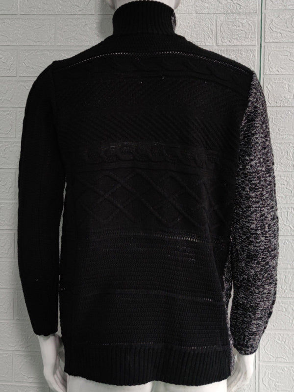 Herren-Strickjacke mit hohem Kragen, farbigem Leder, Schnalle und langen Ärmeln 