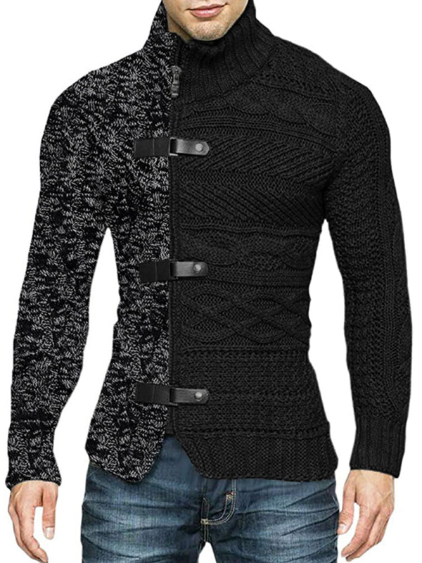 Herren-Strickjacke mit hohem Kragen, farbigem Leder, Schnalle und langen Ärmeln 