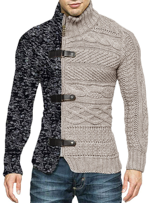 Herren-Strickjacke mit hohem Kragen, farbigem Leder, Schnalle und langen Ärmeln 