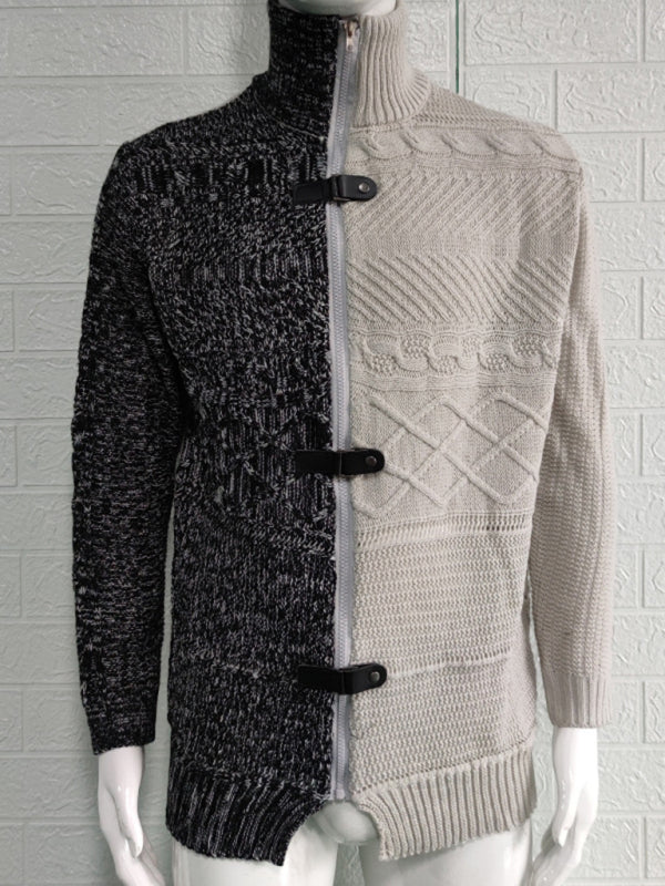 Herren-Strickjacke mit hohem Kragen, farbigem Leder, Schnalle und langen Ärmeln 